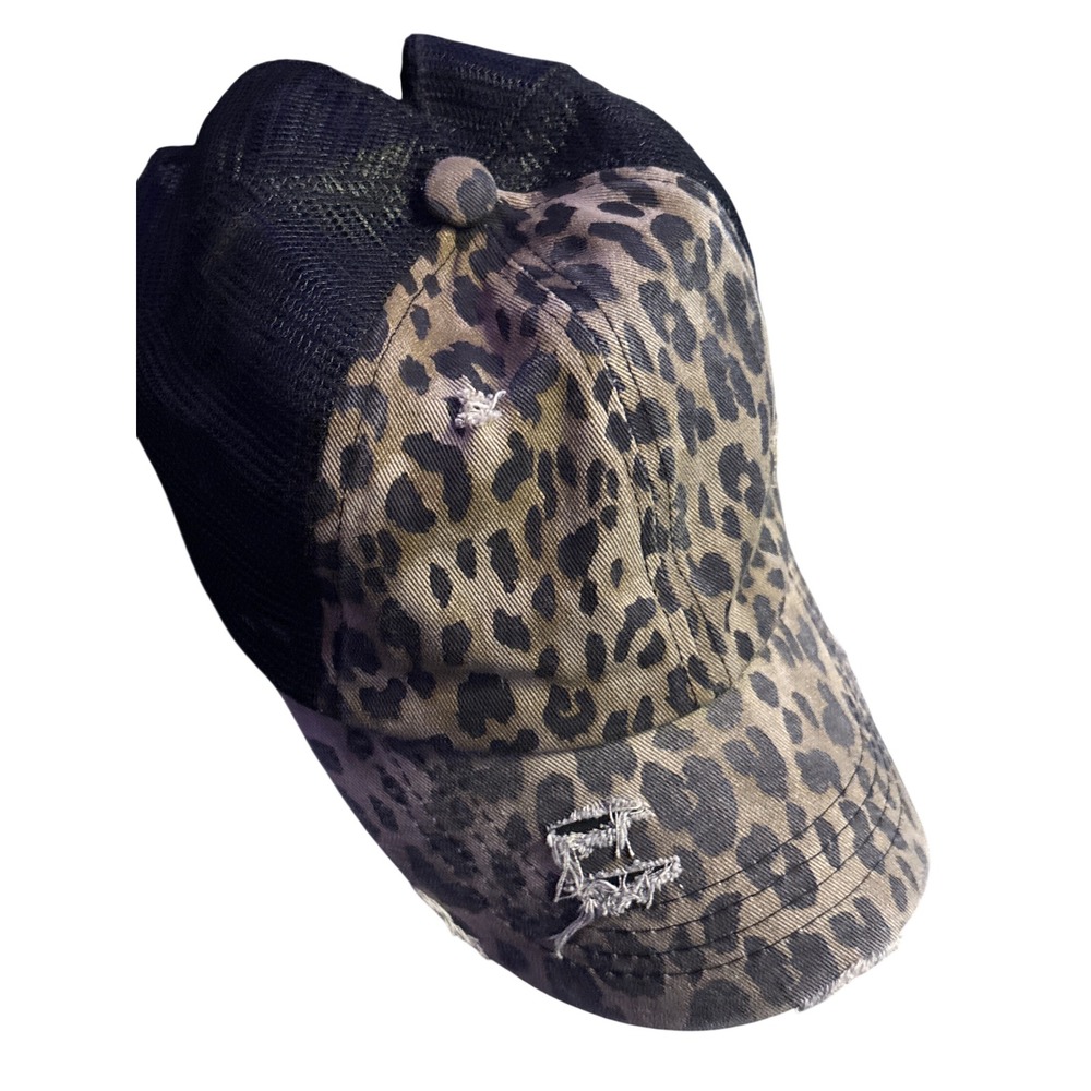 C.C Exclusives Leopard Print Distressed Ponytail Trucker Hat Mesh Back